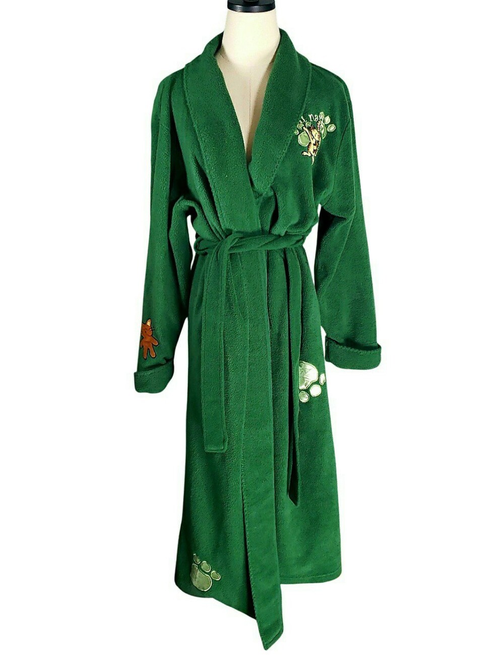 Womens Green Catnap Fleece Robe Aplique Embroidered Cat Paws Maxi L Lounge Novel